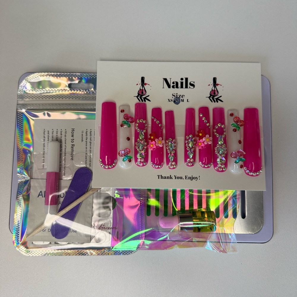 Hot Pink Cherries | Custom Press On Nails | High Quality Nails | Hand made